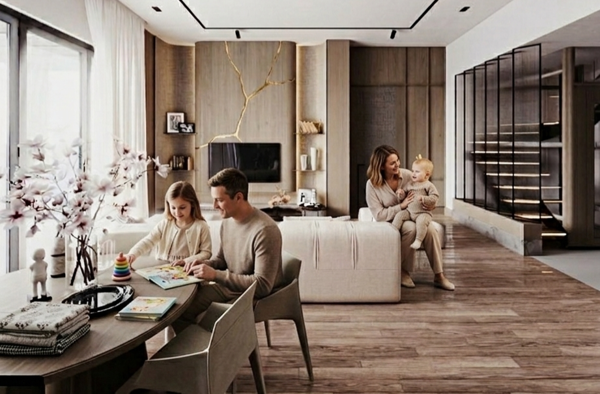 modern living room with neutral tones and marble surfaces design